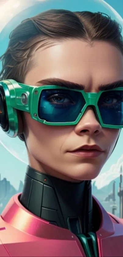 Futuristic woman in neon glasses with a cyberpunk city backdrop.