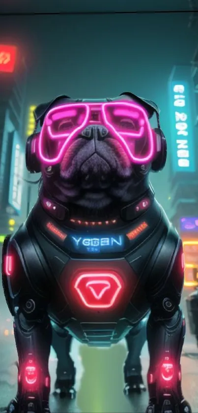 Futuristic cyberpunk pug with neon lights in urban landscape.