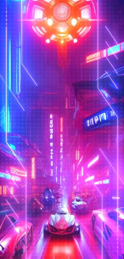 Futuristic cars racing in a neon-lit cyberpunk cityscape.