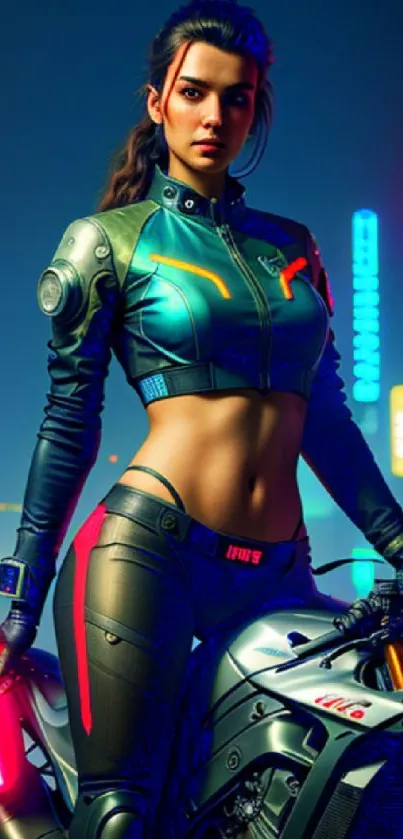 Futuristic motorcycle rider in a neon-lit cyberpunk cityscape.
