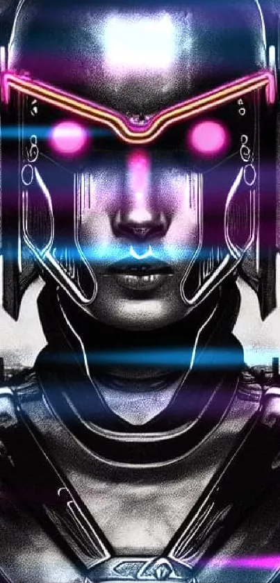 Futuristic cyberpunk robot with neon eyes and metallic features.