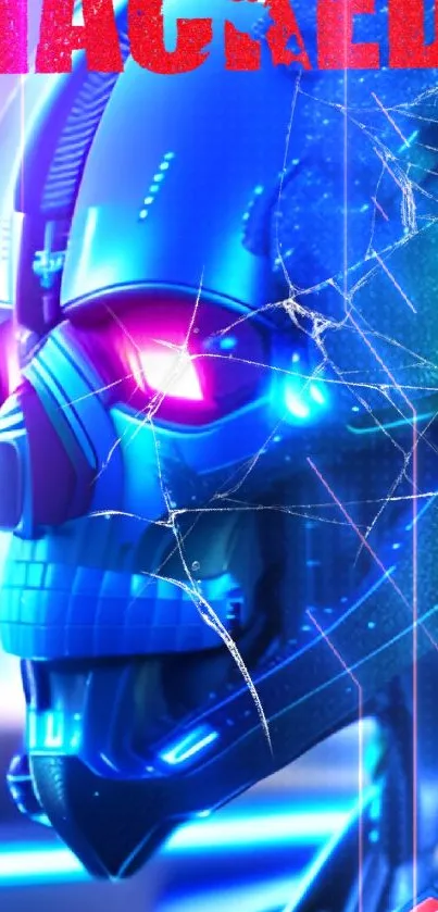 Futuristic robot in vibrant cyberpunk style with neon blue lights.