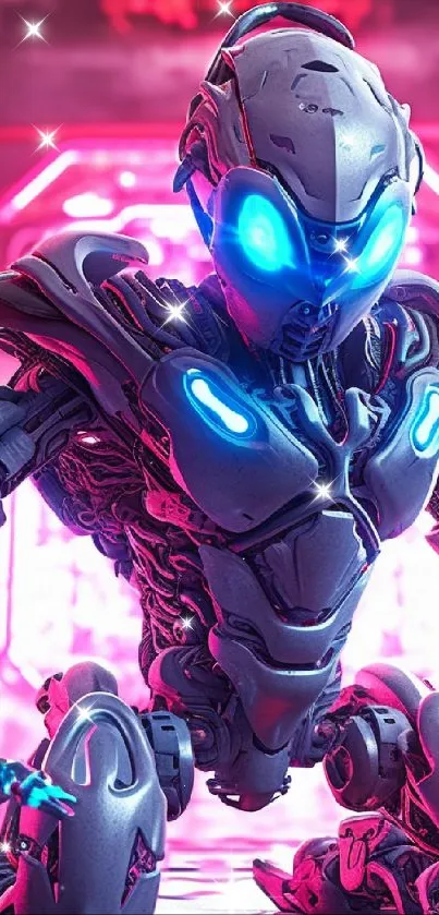 Futuristic robot with neon lights in a cyberpunk setting.