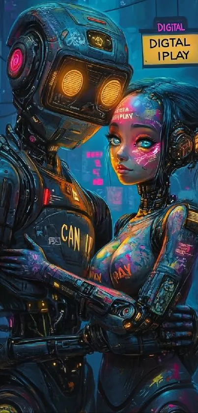 Futuristic cyberpunk robot couple in a vibrant neon cityscape.