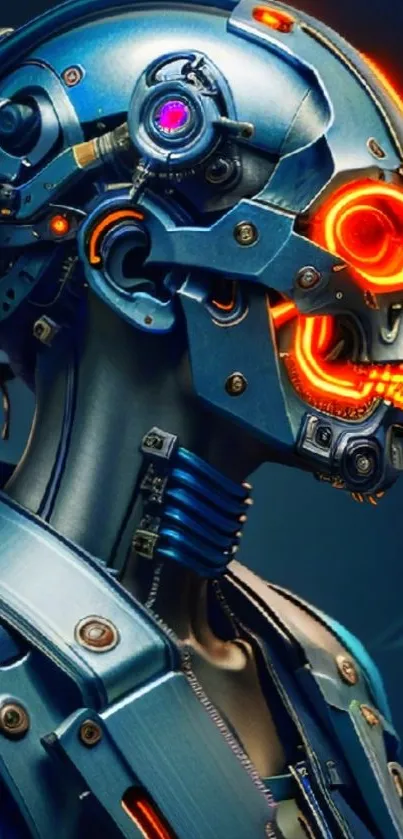 Futuristic robot with neon accents and mechanical details.