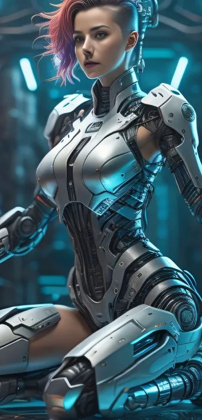 Futuristic female robot in cyberpunk setting with neon lights.