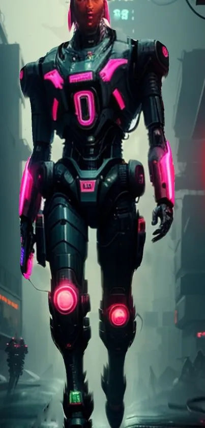 Futuristic cyberpunk robot with neon accents in a city setting.