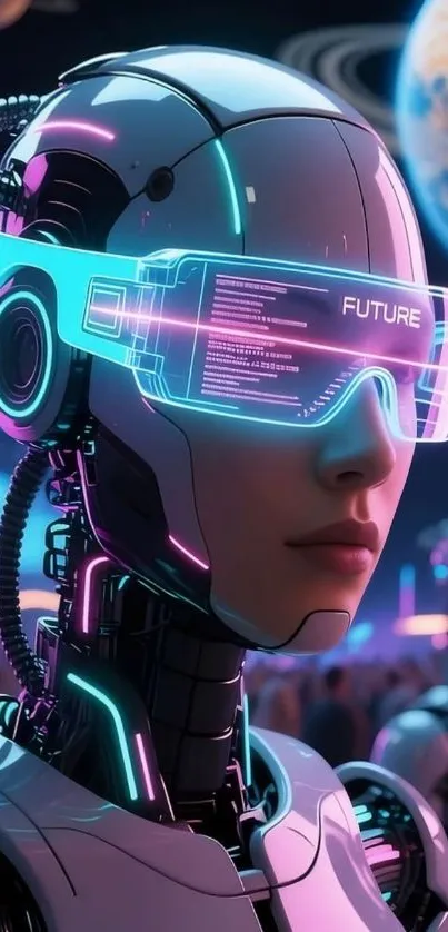 Futuristic robot with neon visor and cosmic background.