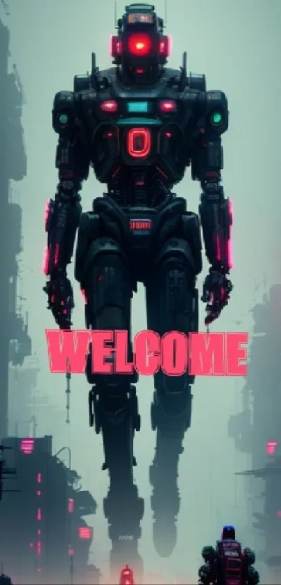 Futuristic robot in neon-lit city with welcome text.