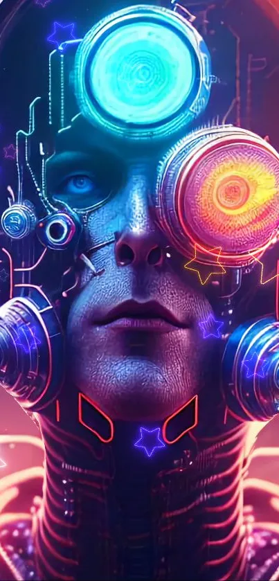 Futuristic cyberpunk robot face with neon lights.