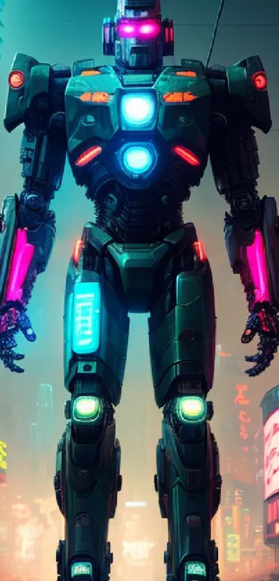 Futuristic robot in a neon-lit cyberpunk cityscape.