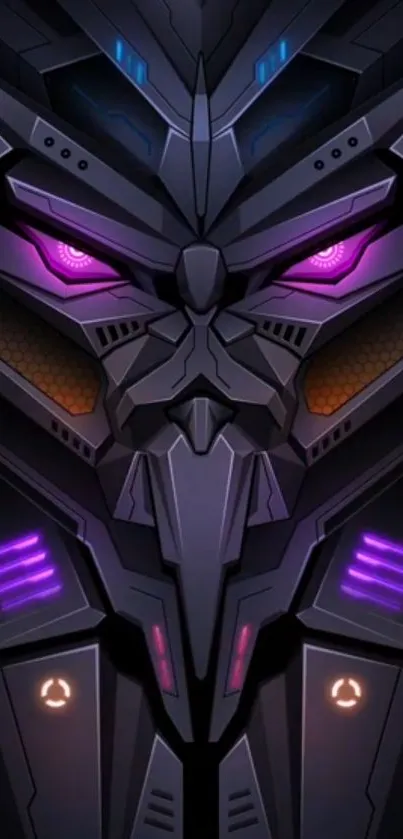 Futuristic cyberpunk robot face with vibrant neon purple highlights.