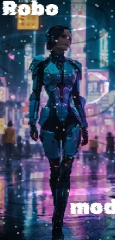 Futuristic robot in a cyberpunk cityscape.