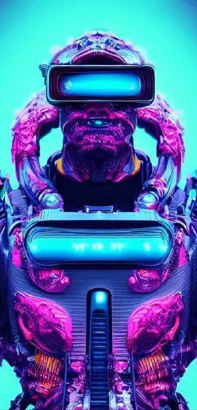 Futuristic cyberpunk robot with neon blue and purple accents.