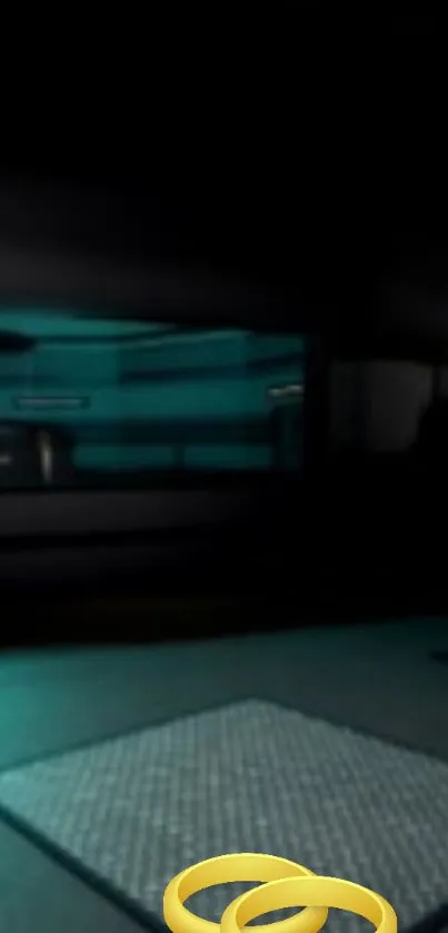 Futuristic cyberpunk room with teal and black colors.