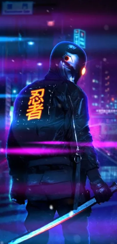 Futuristic samurai with neon lighting in cyberpunk cityscape.