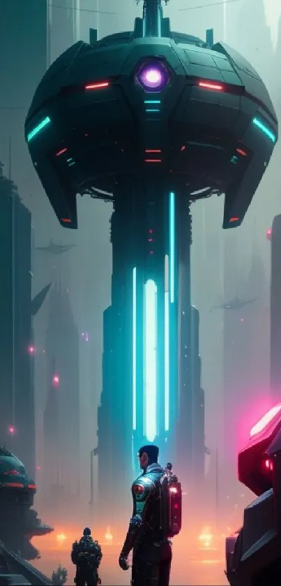 Futuristic skyline with neon lights in a cyberpunk city.