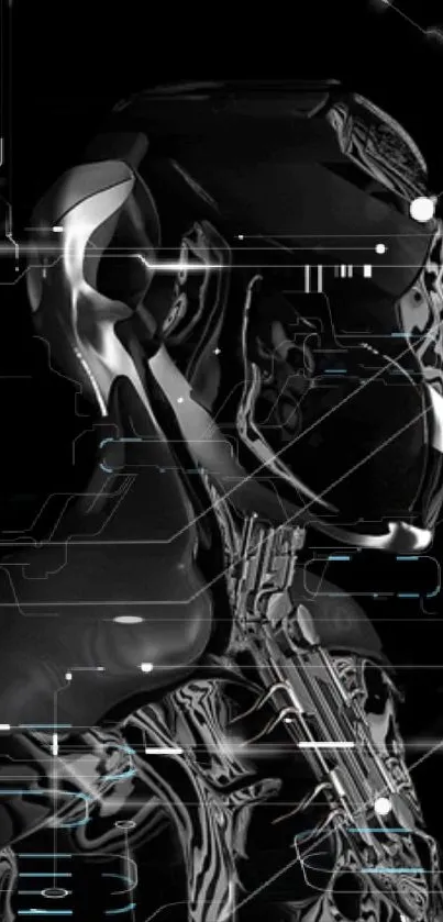 Futuristic cyberpunk wallpaper with a robotic design in a dark theme.