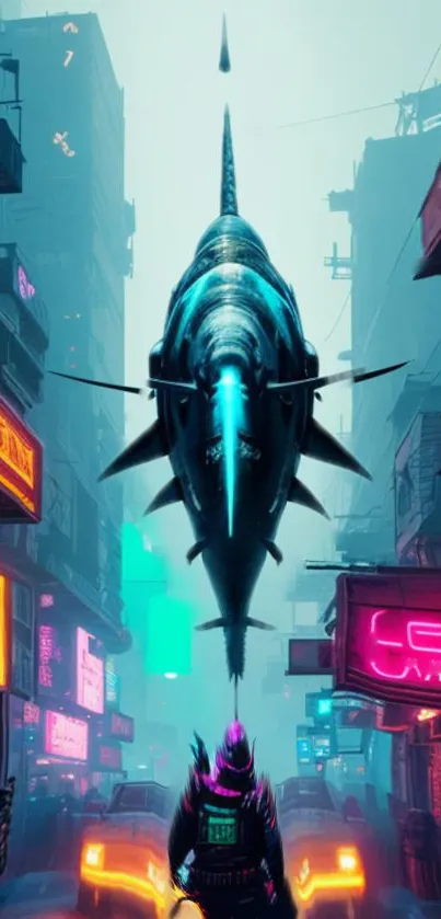 Futuristic city with neon lights and a giant shark in cyberpunk style.