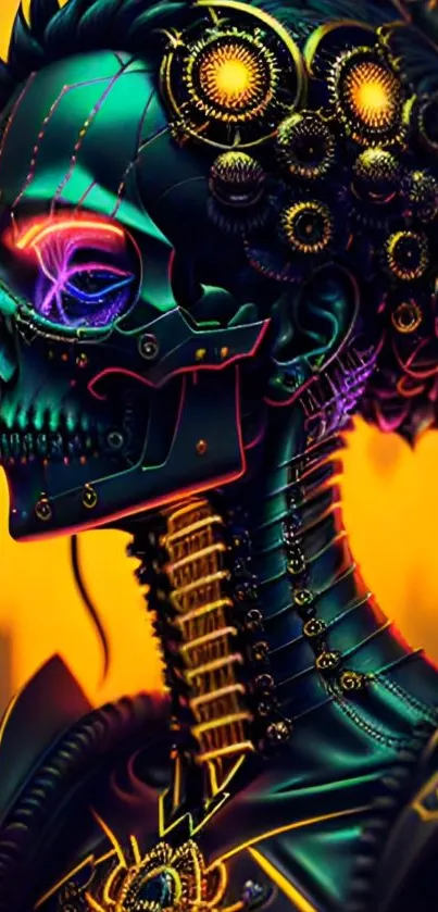 Futuristic cyberpunk skull art with neon and mechanical details.