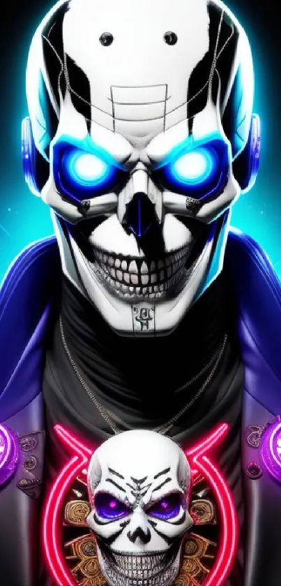 Futuristic cyberpunk skull design with neon lights.