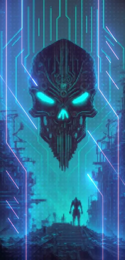 Futuristic cyberpunk skull with neon glow, set in a dystopian cityscape.