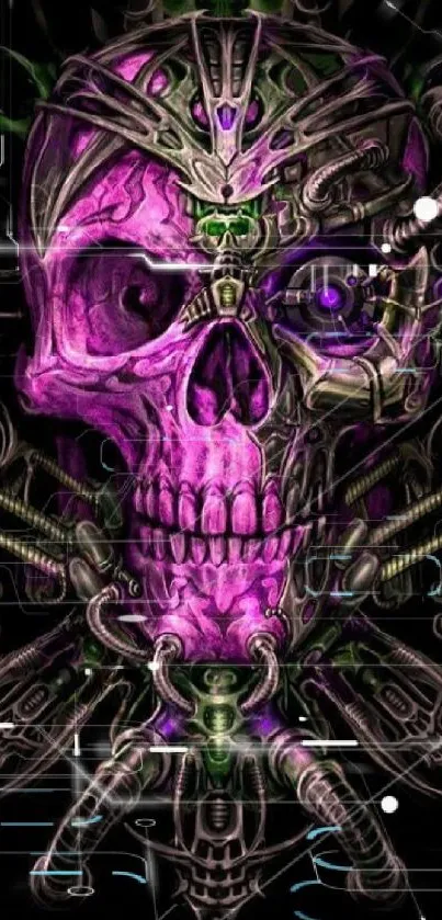 Futuristic cyberpunk skull wallpaper in purple and green hues.