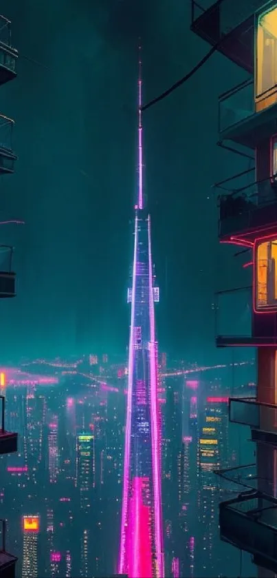 Futuristic cityscape with neon lights and towering skyscrapers in cyberpunk style.