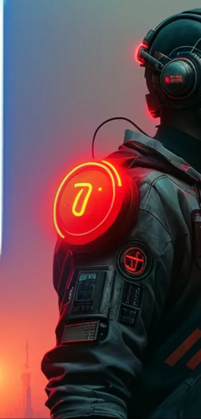 Futuristic cyberpunk soldier with neon lights against a sunset background.