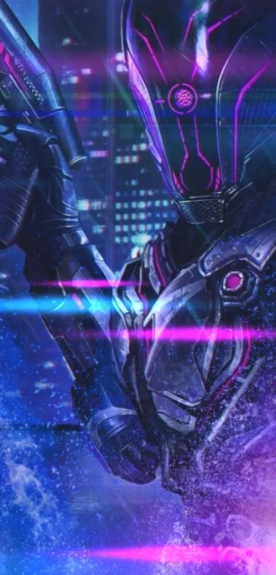 Futuristic armored soldier amidst neon cityscape in cyberpunk theme.