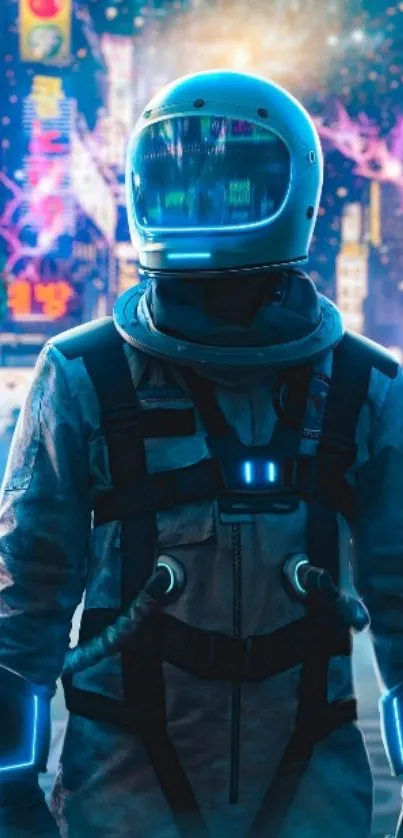 Futuristic astronaut in neon cityscape wallpaper.