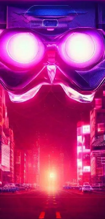 Cyberpunk cityscape with futuristic VR headset and neon lights in magenta tone.