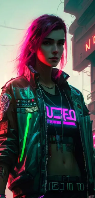 Futuristic cyberpunk cityscape with neon lights and a stylish character.