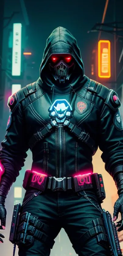 Masked cyberpunk figure in neon-lit urban setting.