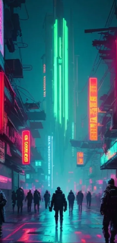 Neon-lit cyberpunk street with silhouetted figures in a futuristic cityscape.