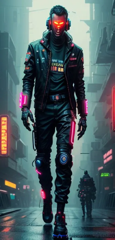 Futuristic cyberpunk scene with neon-lit robotic figure on urban street.