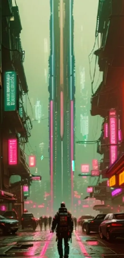 Futuristic city street with neon lights in a cyberpunk style.