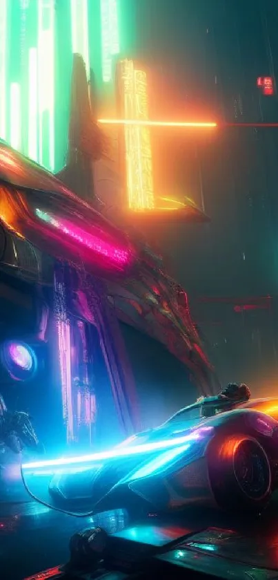 Futuristic cyberpunk car in neon-lit city street.