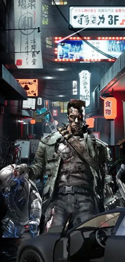 Gritty cyberpunk street scene with futuristic characters and neon lights.