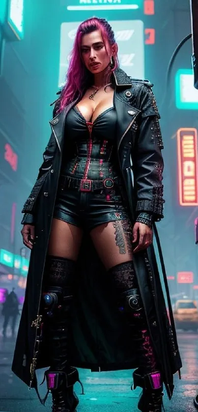 Futuristic cyberpunk character in neon-lit urban street.