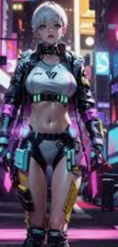Cyberpunk style character in neon cityscape.