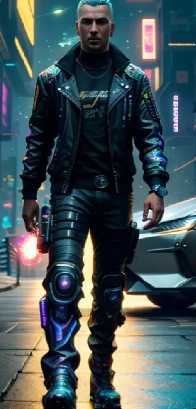 Futuristic figure in neon-lit cyberpunk street.