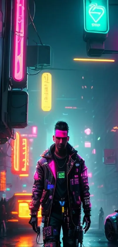 Futuristic cyberpunk street with neon lights and vibrant colors.