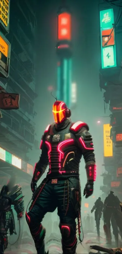 Cyberpunk character with neon lights in a futuristic urban street.