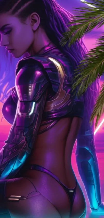 Futuristic cyberpunk figure against sunset with palm trees.
