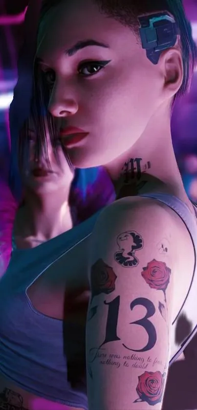 Futuristic cyberpunk character with tattoos in neon lighting.