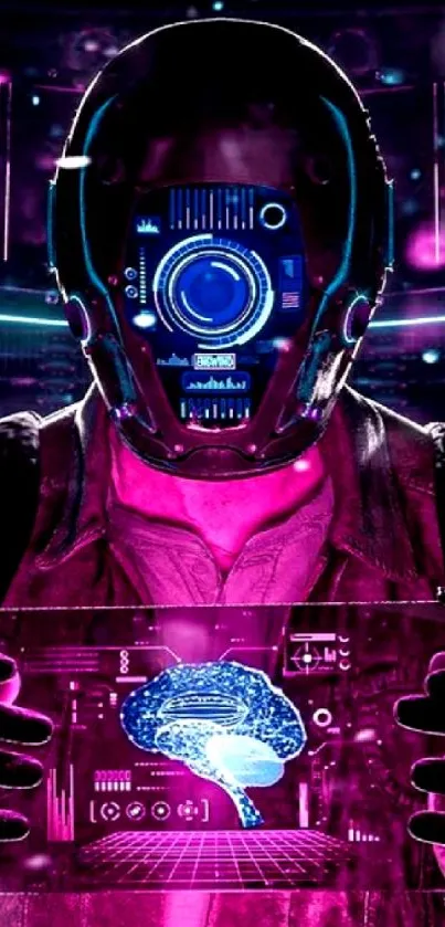 Futuristic cyberpunk art with helmet and digital brain in pink and blue hues.