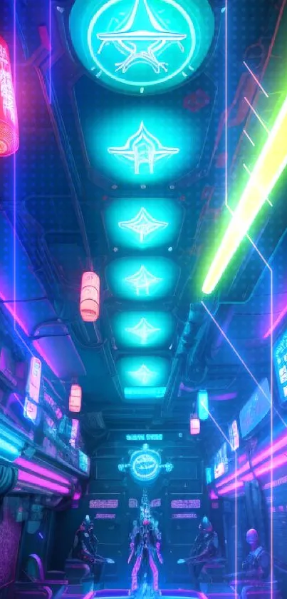 Futuristic neon cyberpunk scene with vibrant city lights.