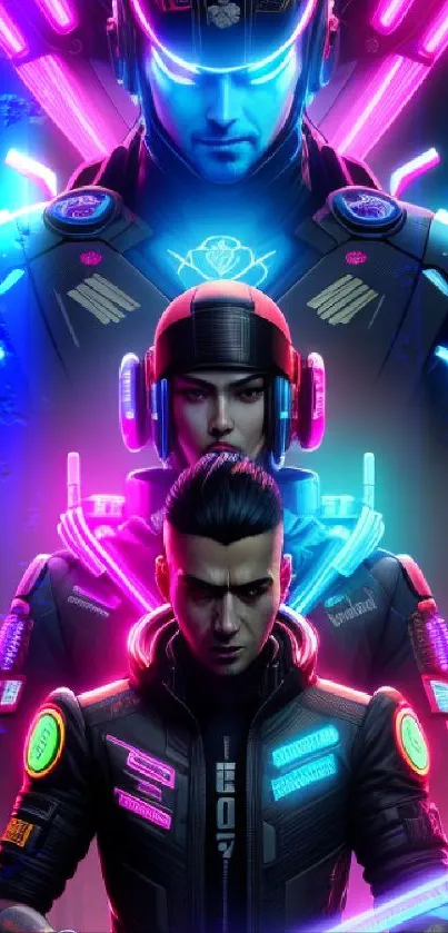 Futuristic cyberpunk trio with neon accents.