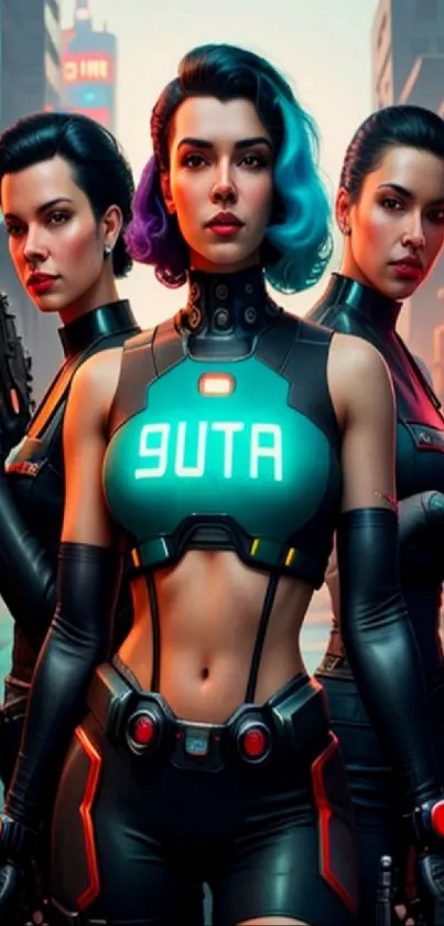 Three futuristic figures in cyberpunk attire with neon accents on city street.